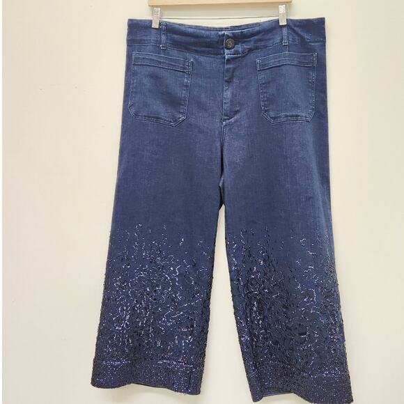 Maeve Anthropologie The Colette Wide Leg Cropped Pant Sequin Denim Plus Size 18 - Picture 3 of 10